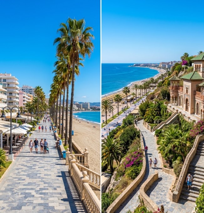 Vistas del Paseo Marítimo, las palmeras y los edificios residenciales de El Bajondillo en Torremolinos, Málaga